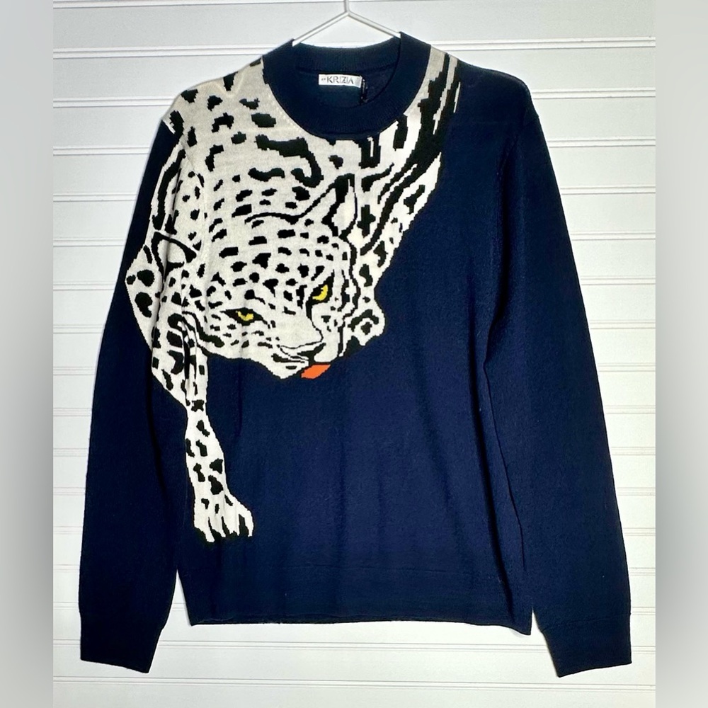 NWT Krizia Rare Navy Blue With White Leopard 100% Wool Sweater Size 42 (US 6)